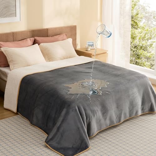 Bedsure Waterproof Blanket for Bed - Sherpa Fleece Waterproof Dog Blankets for Large Dogs, Pet Blankets for Bed/Couch, Soft Plush Reversible Furniture Protector, Queen Size, 90'x86', Grey