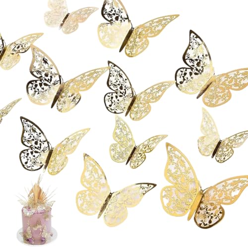 24 Pegatinas Decorativas de Mariposa,3D Mariposas Decorativas Pegatinas Pared Dorado, Decoración de Pared, Decoracion Habitacion de 3 TamañOs,Decoración De Tartas,Pegatinas de Mariposa Realista