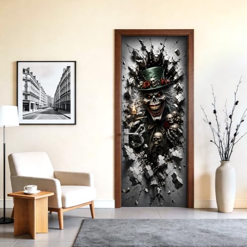 Image of 3D Skull Top Hat Door Mural Peel and Stick Gothic Halloween Cover