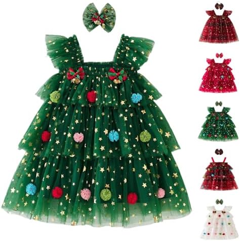 Girls Christmas Dress Sleeveless Multi-Layered Tutu Dress Girl Cute Christmas Dresses Toddler Baby Girl Xmas Clothes