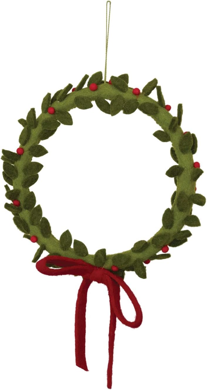 Creative Co-Op Round Wool Felt Wreath with Berries and Velvet Bow, Green and Red