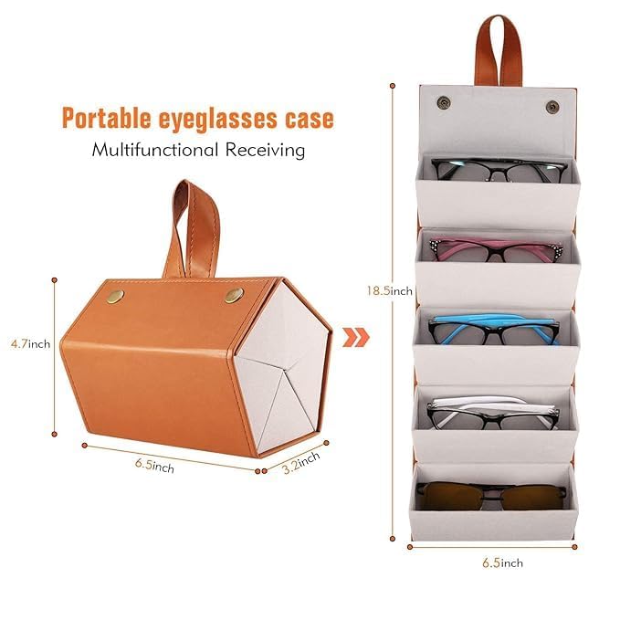 VANSHORA 5 Layer Sunglasses Organizer Box PU Leather Foldable Travel Eyewear Storage Case with Hanging Strap and Snap Closure Portable Glasses Holder Display Bag for Men Women Accessories 4