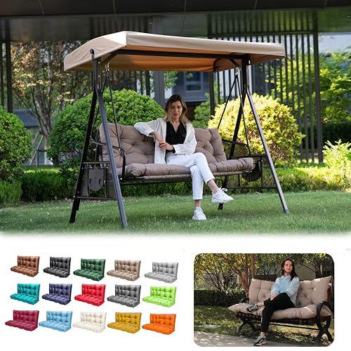 LCYY.TG Porch Swing Cushions, Outdoor Swing Replacement Cushions 3 Seater with Backrest, Waterproof Bench Cushion with Ties,for Patio,Porch, Garden,Backyard (Khaki 60 * 40 in)