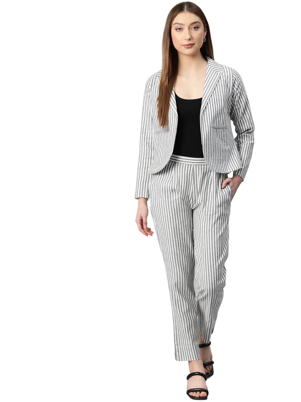 cottinfab Women Striped Grey and White Blazer Co-ord-picture-10
