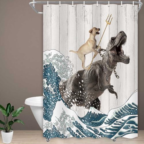 Image of Boziqr Funny Dog Shower Curtain, Japanese Ocean Wave Dinosaur Rustic Barn Door Decor Fabric Bathroom Curtains Set, Cute Animal Kids Polyester Fabric Waterproof, 47 X 64 Inches