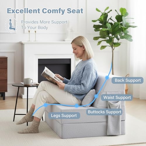 Image of Tiita Convertible Folding Sofa Bed Single Size for Adults with Pillow, Plush Fabric Floor Mattress Couch Bed, Washable Cover & Side Pocket, Guest Room, Dorm, Apartment, Living Room, White Gray