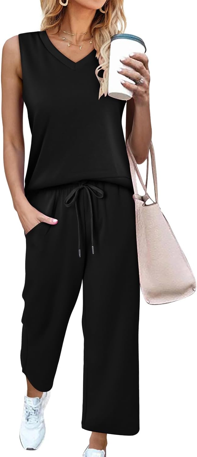 CHICZONE Two Piece Summer Sets for Women Casual Travel Vacation Outfits Wide Leg Crop Pants Lounge Sets