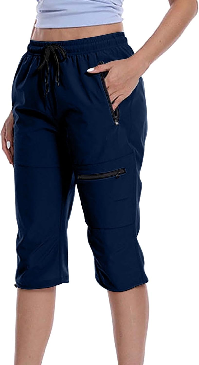 Cargo Capris for Women Lightweight Outdoor Quick Dry Hiking Pants Summer Baggy Travel Capri Pants with Zip Pockets
