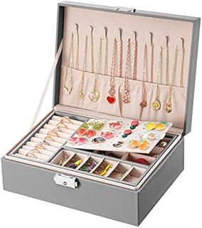 JOYUE Jewellery Box for Women, Two Layer PU Leather Jewelry Storage Case, Jewellery Storage Boxes Display Holder with Key, Travel Jewellery Box Organiser for Rings Earrings Necklace Bracelets (Grey)