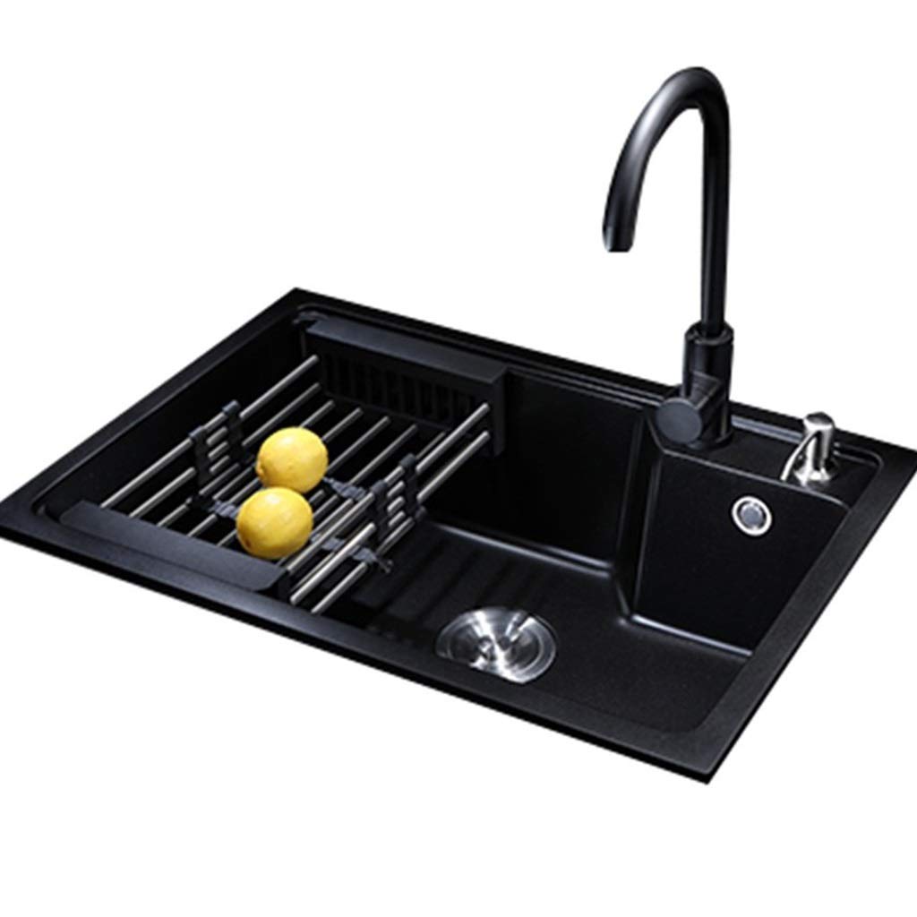 ZQFHSX Kitchen Sinks Fixtures Square Wear-resistant Quartz Stone Single Basin Sink Black Tableware Cleaning Pool (Color : Black, Size 65 * 43cm)