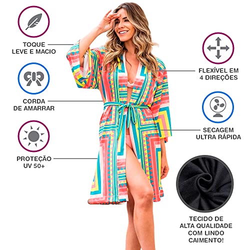 Saida De Praia Kimono De Amarrar Fenda Estiloso Estampada luxo Plus Size slim (XG (Tam. 44-46), Kimo