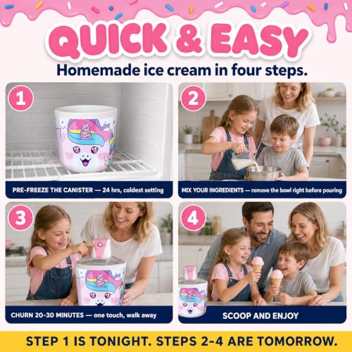 Image of Unicorn Electric Ice Cream Maker Machine for Kids - Countertop, Pink | A fun kids ice cream maker machine for homemade soft serve, sorbet, gelato & frozen yogurt. 1.2 qt small easy to use & clean