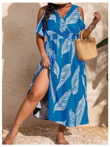 Image of Floerns Women's Plus Size Cold Shoulder Tropical Print V Neck Flared A Line Long Dress