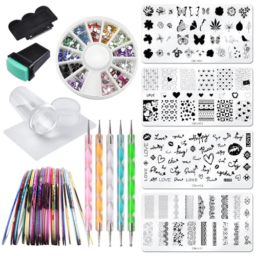 Nail Stamping Kit 4pc Butterfly Heart Nail Stamping Plate Lace Letter Stamp Template Stencil Nail Stamper Scraper Nail Rhinestone Decoration Mandala Dotting Pen Nails Striping Tape French Nail Tools