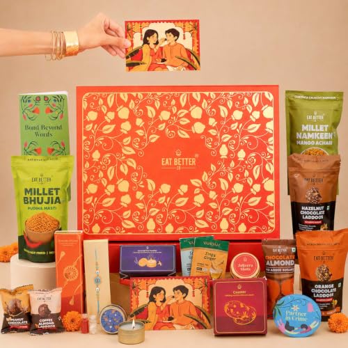 Image of Eat Better Co - 18-Item Rakhi Gift Hamper For Brother - Tyohaar - Chocolate Coated Almonds, Hazelnut Dry-Fruit Laddoos, Premium Evil-eye Rakhi | Rakhi for Brother with Gift Combo Set