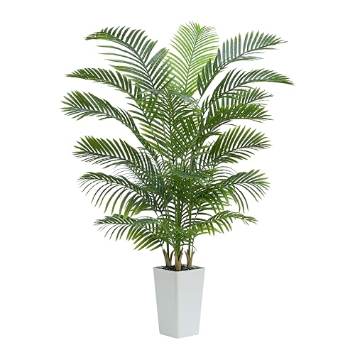 TNGGNT 180CM Artificial Palm Tree Decor Indoor, Faux Plants For Outdoors, Realistic Tall Artificial Plants Indoor, Areca Palm Plant in White Pedestal Basin for Office Home indoor Outdoor Decor