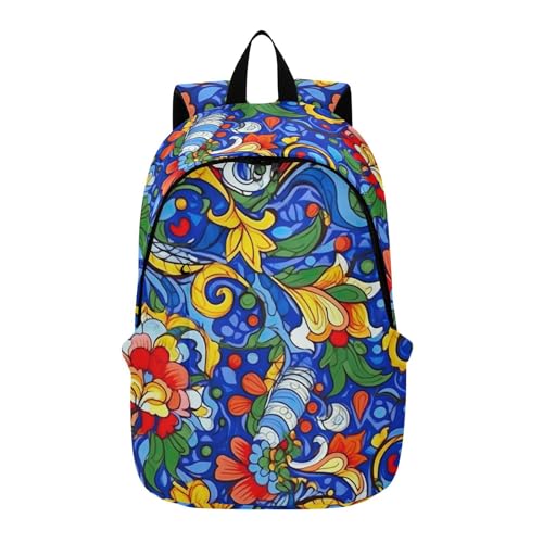 MCHIVER Travel Backpack Blue Boho Flowers Casual Daypack Backpacks Lightweight Carry on Bag Water Resistant Hiking Backpack for Women Men