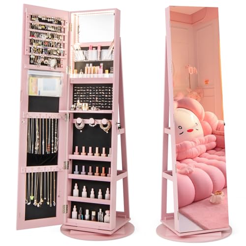 CHARMAID 360° Swivel Jewelry Armoire with Full Length Mirror, Rear Storage Shelves, Lockable Standing Jewelry Cabinet Organizer with Interior Vanity Mirror and 3-Color Lights (Pink)