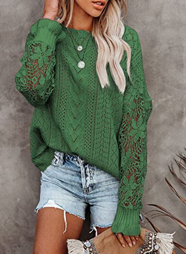 Image of Dokotoo Womens Crewneck Crochet Lace Long Sleeve Hollow Out Cable Knit Sweaters Pullover Tops