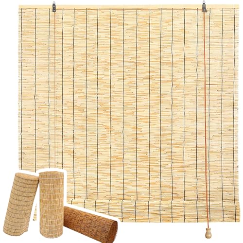 SUNMME Persianas de Bambú Exterior 90 120 140 160 180 200cm Ancho Estor Enrollable De Bambú Anti-UV Cortinas Bambu Exterior Persianas de Caña con Ganchos para Ventana Puerta Balcón