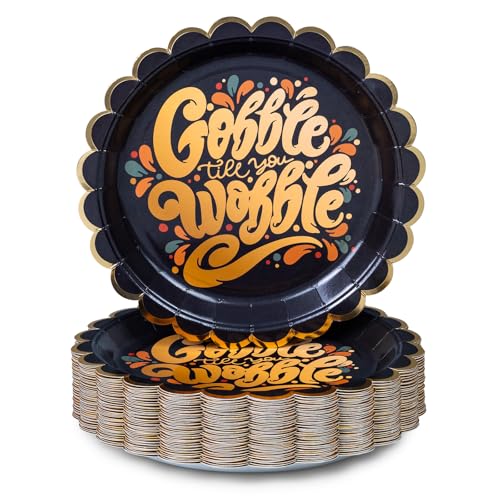 Image of Confettiville Thanksgiving Paper Plates, 50-Count Disposable Thanksgiving Dinner Plates, Scalloped, Party Supplies, Gobble Til' You Wobble