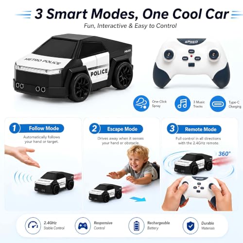 Image of PLUSPOINT 2.4GHz RC Drift Car with Spray Effect | Rechargeable Remote Control Racing Police Car with LED Lights, Smart Follow & Escape Modes | Mini Drift Vehicle Toy for Kids Age 3+
