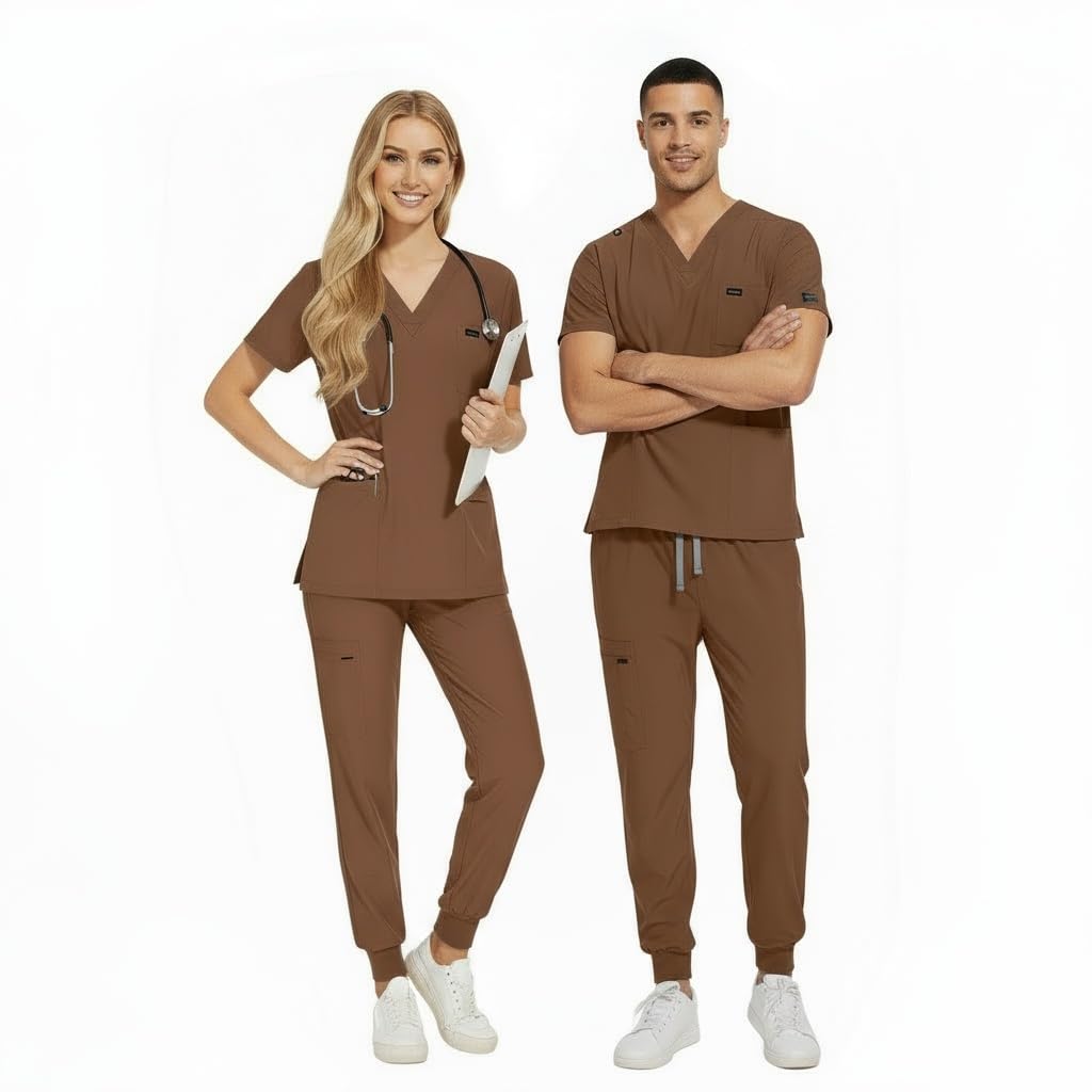 CK13 - Conjunto médico de manga corta con cuello en V y 3 bolsillos, pantalones elásticos que absorben la humedad, uniforme médico