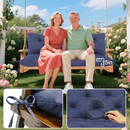 Image of Porch Swing Cushions Outdoor 40x40 inch Waterproof Extra Thick 5 inch Swing Cushions Replacement with Backrest and Ties for Outdoor Furniture Porch Patio Garden Lawn (Navy Blue)