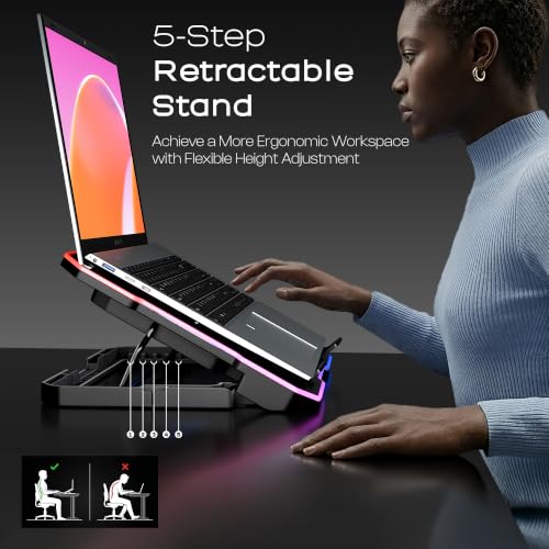Image of Zebronics NC6800 Laptop Cooling Pad, Dual 120mm Fans, Up to 17-Inch Laptop Support, 65 CFM Airflow, 10 RGB Modes, 5-Level Adjustable Stand, Dual USB Hub, Fan Speed Control, Anti-Slip Pads (Black)