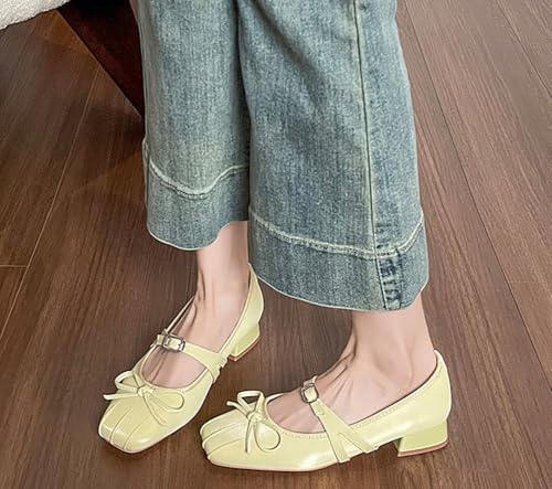 Womens Mary Jane Flats Shoes Retro Bow Square Toe Chunky Block Low Heel Ballet Flats Casual Slip on for Wedding Dressy2