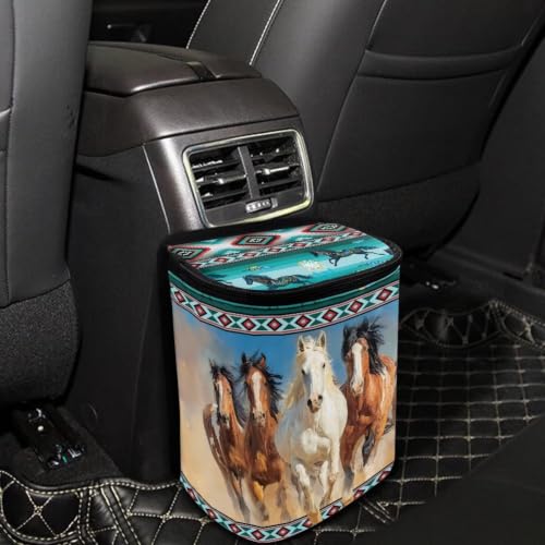 Image of Talayituse Horse Aztec Tribe Print Car Trash Can with Lid, Leak Proof Auto Trash Bag Hanging Vehicle Garbage Can Multipurpose Storage Container for Back Seat Road Trip