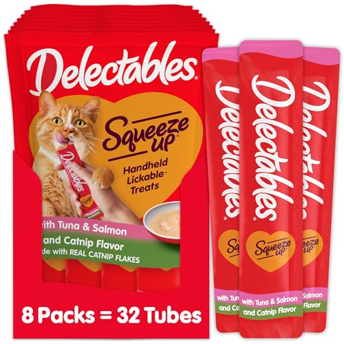 Delectables Squeeze Up Creamy Squeezable Puree, Lickable Wet Cat Treats, Grain Free, No Added Fillers, No By-Products, No Added Preservatives, 0.5 Ounces Tube Tuna & Salmon with Catnip, 32 Tubes Total