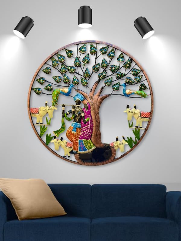 RSN Metal Radha Krishna Round Frame Wall Sculpture Wall Art Wall Decor