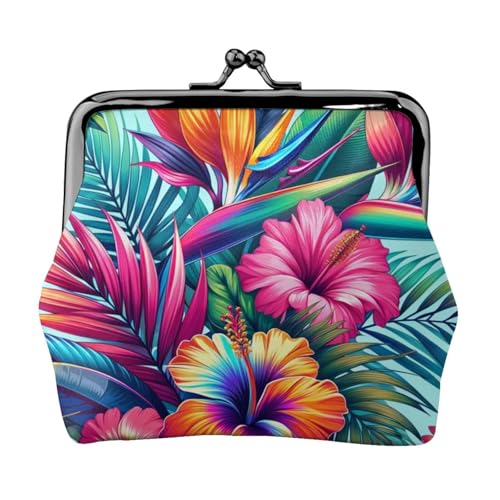 Pu Leather Buckle Coin Purse Hibiscus-Bird-Lush-Palm Girls Kiss-Lock Change Purse Wallets