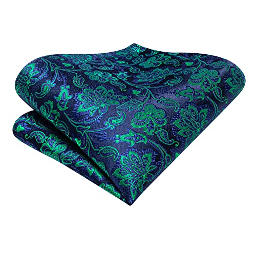 Image of Hi-Tie Floral Jacquard Blue Green Mens Silk Tie Sets Silk Woven Neckties and Pocket Square Lapel Pin Silver Tie Clip Cufflinks Set Wedding Business 6PCS