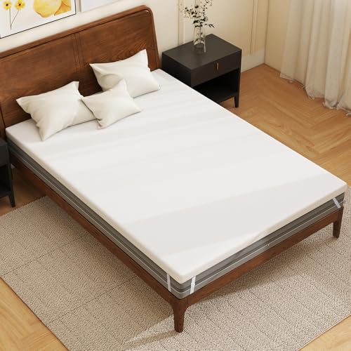 KOMFOTT Full Size Cooling Gel-Infused Memory Foam Mattress Topper, 3” Bed Topper with Adjustable Elastic Straps, Pressure & Pain Relief, Mattress Topper with Washable Cover & Anti-Slip Bottom