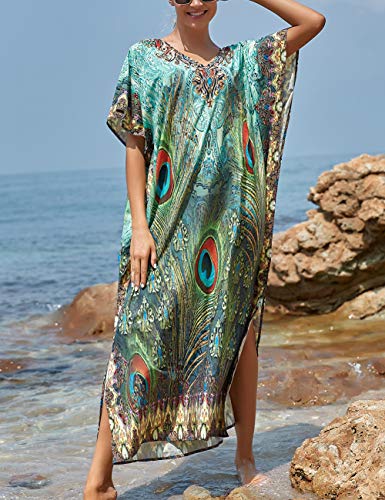 Bsubseach saída de praia feminina casual estilo caftan vestido de manga curta, Peacock Feather, One