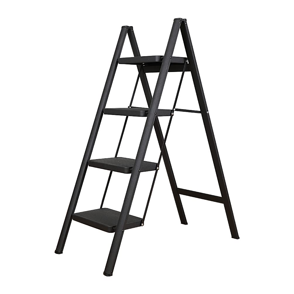 BAOYOUNI Escalera 4 Peldaños Taburete Plegable con Pedal Ancho Antideslizante Escalones Domestica Ligera y Portátil Multifunción para Hogar, Cocina, Oficina, Exteriores, Adultos, Negra
