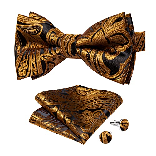 Image of DiBanGu Paisley Pre-Tied Bow Ties for Men Silk Adjustable Bowtie and Pocket Square Cufflinks for Wedding Party