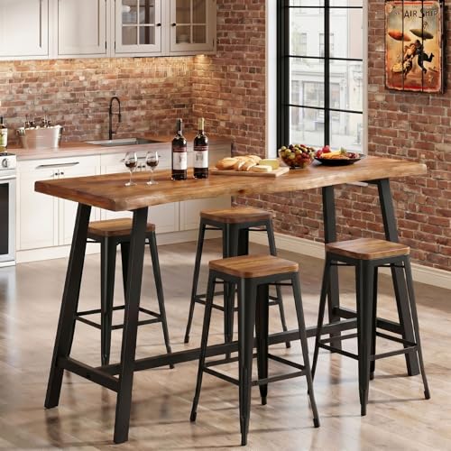 TRIBEWOOD Solid Wood Bar Table, 55-Inch Counter Height Pub Table with Sturdy Metal Frame, Industrial Narrow Bar Table for Pub Kitchen Living Room, Rustic Brown