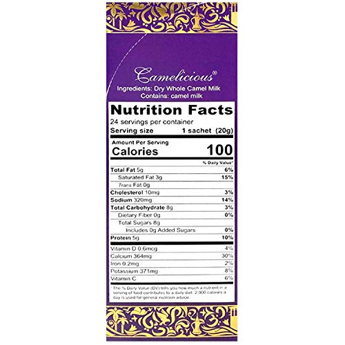Camel Milk Powder Camelicious 480g Box US Edition(24 Packets x 20g each) Non-GMO, Gluten Free Low Lactose Alternative Dry Milk Powder - Flash Pasteurized Powdered Camel Milk Longer Shelf Life