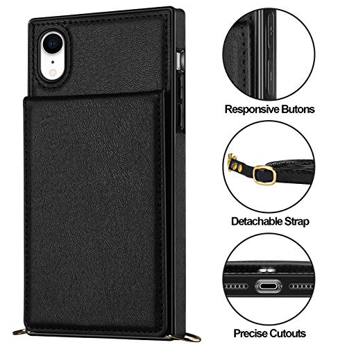 Vofolen For Iphone Xr Case Wallet 10R Flip Cover With Credit Card Holder Lanyard Crossbody Strap For Women Girl Pu Leather Magnetic Clasp Kickstand Heavy Duty Protective Square For Iphone Xr 10R Black #TOP3