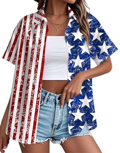 Image of Ithalt 4th of July Hawaiian Shirts Women American Flag Patriotic Short Sleeve Button Down Outfits Summer Vacation Tops