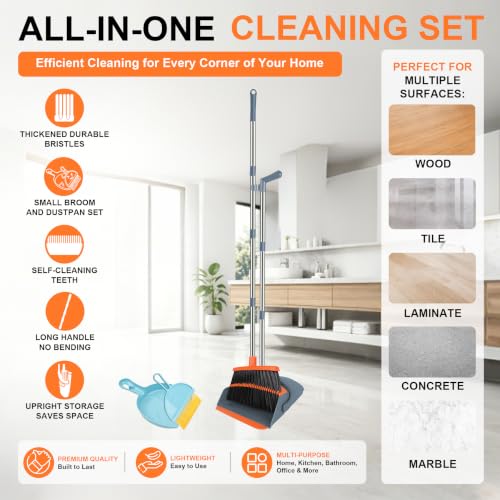 Image of Broom with Dustpan Set & Mini Hand Brush Set, 51 inch Long Handle Upright Cleaning Combo with Self-Cleaning Teeth for Home Kitchen Pet Hair