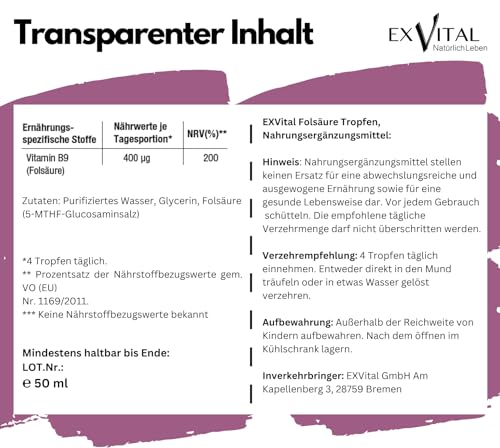 Folsäure Tropfen, 400 µg pro Tagesdosis - 50ml Flasche, SCHWANGERSCHAFT & IMMUNSYSTEM - 100% vegan, ohne Zusätze & laborgeprüft in Deutschland hergestellt
