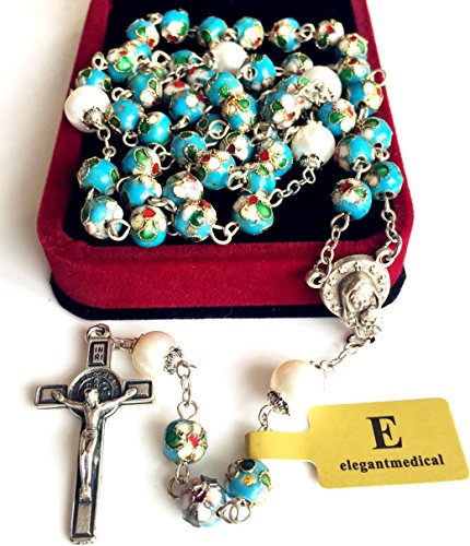 elegantmedical HANDMADE NICE Blue CLOISONNE & 10mm Pearl BEAD ROSARY NECKLACE Italy St.Benedict cross Box2
