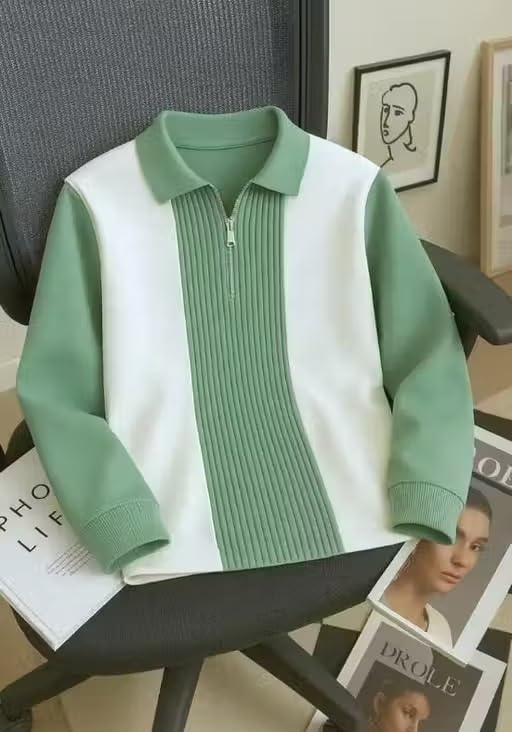 Men’s Striped Zip Neck Cotton Blend T-Shirt | Bottle Green & White Colorblocked Long Sleeve Casual Multi 1 M-picture-39
