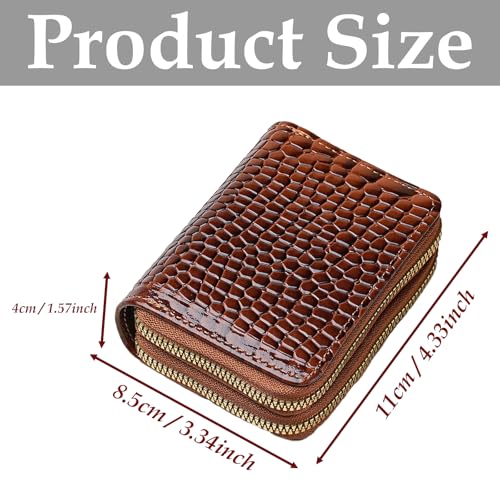 Crocodile Pattern PU Leather Card Holder, Double Zippered Coin Purse with Multiple Slots, Compact Wallet for Cards and Cash, Portable Small Purse for Men and Women (Brown)2