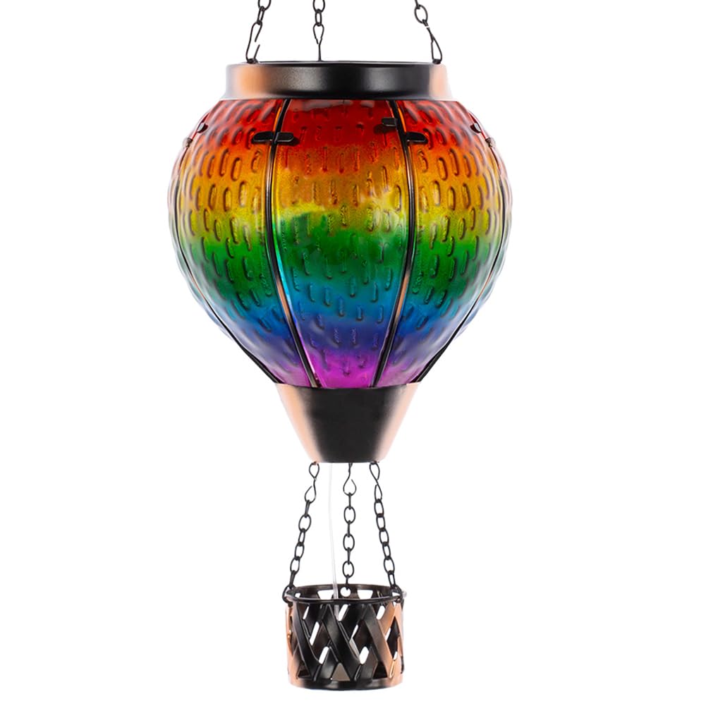 DREAMSOUL Hot Air Balloon Solar Lantern with Candle Holder, Glass Hanging Solar Lantern with Flickering Flame, Solar Lanterns Outdoor Waterproof for Lawn, Patio, Porch, Tree Decor