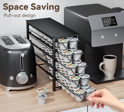 Image of HFHOME Coffee Pod Holder For Counter, Pod Holder for K-cups, 5-tier Metal Coffee Capsule Storage Drawer, 70 Capacity Pods Organizer for Cafe Counter, Home, Office or Kitchen,3 cup rack, Black